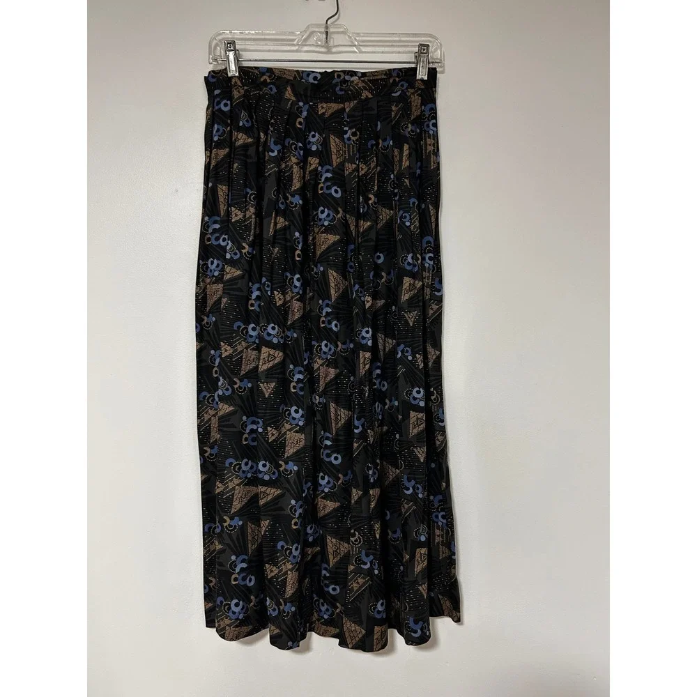 Vintage 80s ILGWU Geometric Print Skirt Set Blue Black Rayon Midi Made in USA